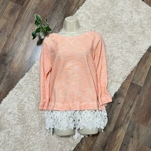 Anthropologie Sunday In Brooklyn Peach Citrus Lace Hem 3/4 Sleeve Terry Sweater